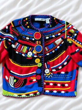 Vintage MICHAEL SIMON Colorful Geometric Embellished Cardigan